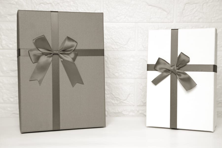 A wrapped gift box with ribbon beside a small camera